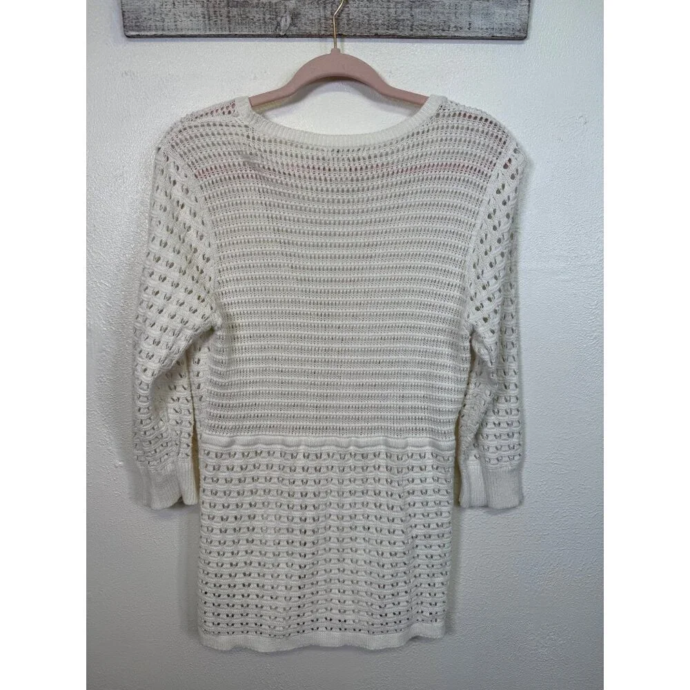 DKNY Women’s Large Cardigan Sweater White Ivory Knit Crochet 3/4 Sleeve cotton